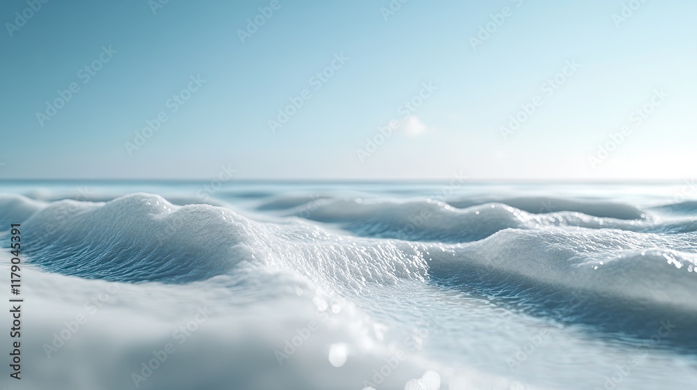 Obraz premium Frothy ocean waves on a sunny beach; serene seascape for travel brochures.