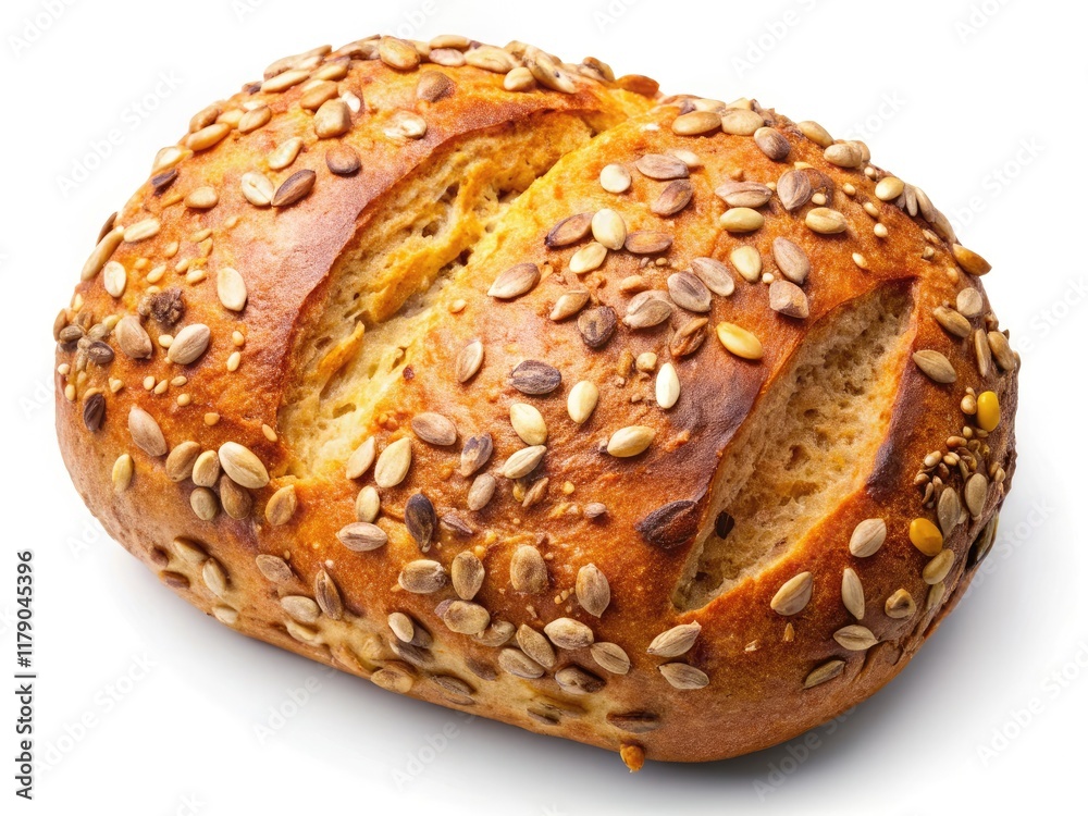 Golden-brown homemade bread, rustic charm, overhead view against a pristine white. Golden-brown homemade bread, rustic charm, overhead view against a pristine white.