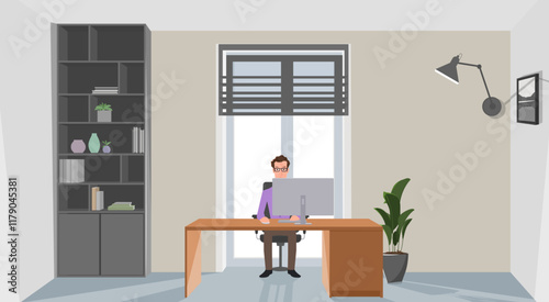 A Man working on a computer with a home or office background. Vector illustration