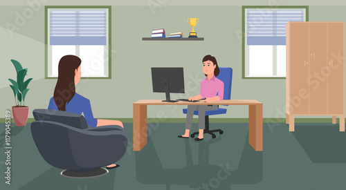 A Woman working on a computer with a home or office background. Vector illustration