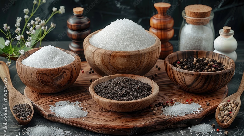 Natural textures of salt and pepper in rustic wooden bowls on a table. Natural textures of salt and pepper in rustic wooden bowls on a table.