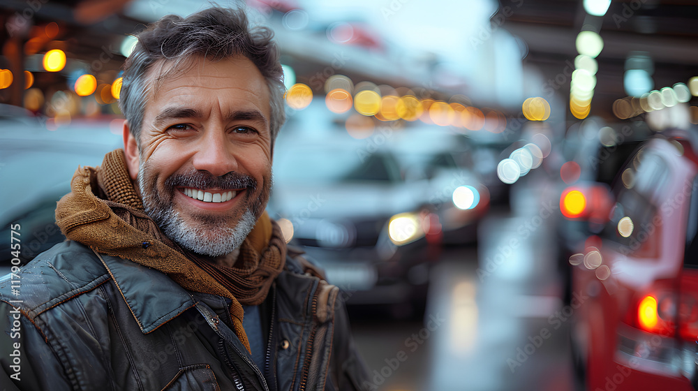 A man in a leather jacket and scarf stands in a bustling, blurred city street with bright lights and cars in the background, creating a vibrant urban atmosphere A man in a leather jacket and scarf stands in a bustling, blurred city street with bright lights and cars in the background, creating a vibrant urban atmosphere