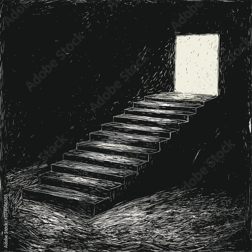 Monochrome stairs leading to a bright doorway, sketch-like style.