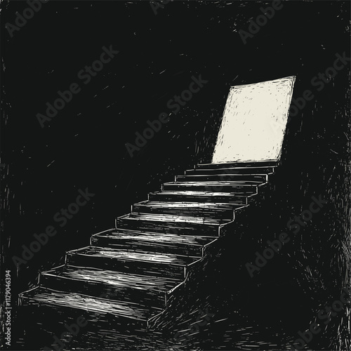 Monochrome stairs leading to a bright doorway, sketch-like style.