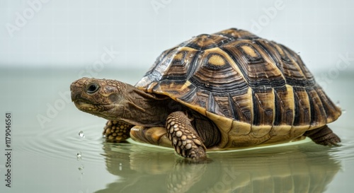 Indian star tortoise in calm water with detailed shell patterns