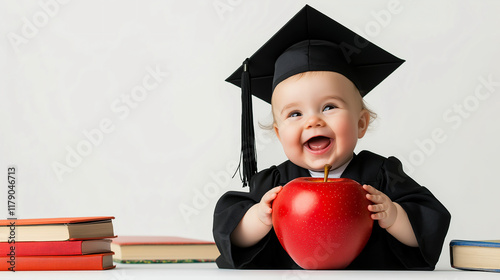 A giggling baby wearing a graduation robe and mortarboard, holding a large red apple in hand 