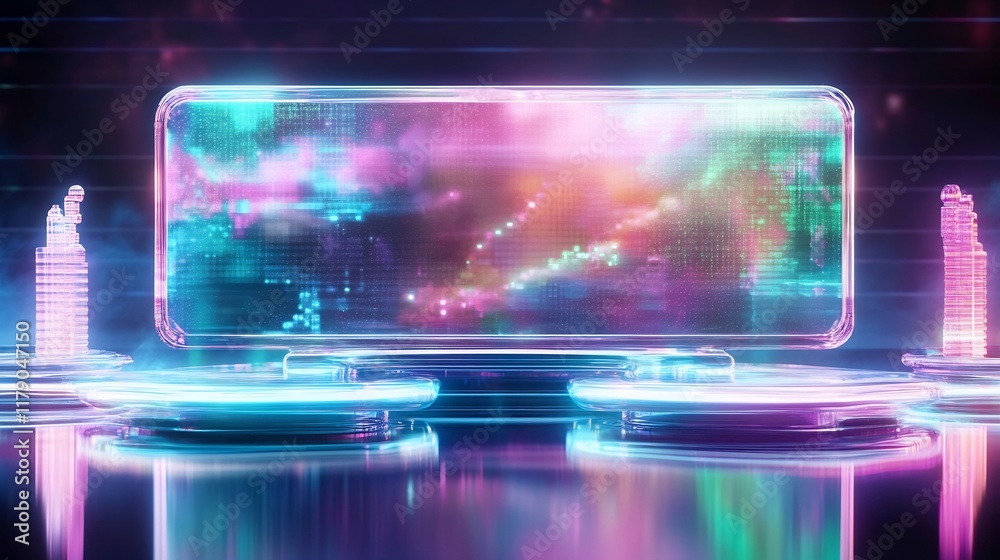 Fototapeta premium Vibrant Futuristic Screen Display: Neon 3D Render, Abstract Style. AI Generated