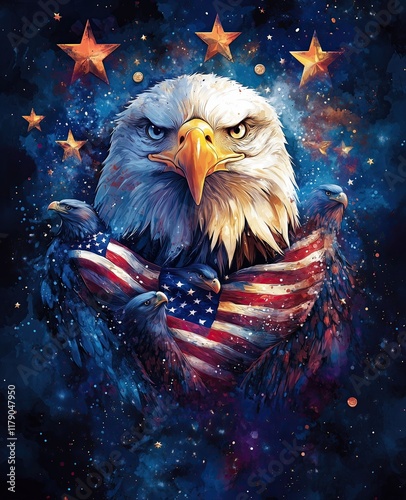 bald eagle with the American flag in its claws other eagles wrapped around each other to form the emblem of America national symbol illustration image for print, poster, t-shirt design
