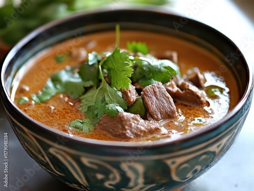 A bowl of beef currywith green herbs and spices photo