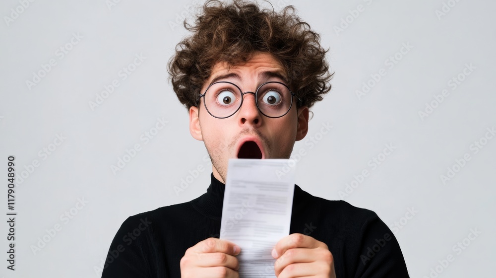Man with glasses and a surprised expression is holding a piece of paper. Concept of shock or disbelief, as if the man has just received unexpected news or information. The man's facial expression