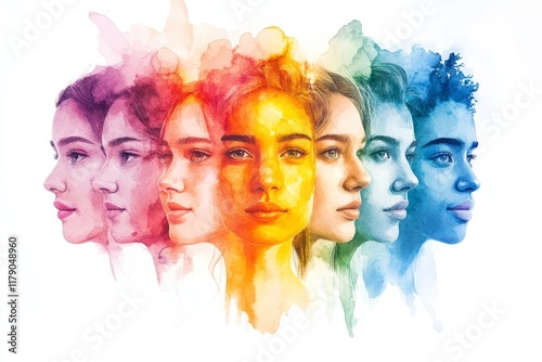 diverse students and watercolour portrait illustration on a white background for human rights protest, awareness and LGBTQ. Happy, beautiful and colourful sketch for creative design, Generative AI