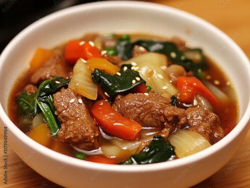 A bowl of beef and vegetables with carrots and broccoli A bowl of beef and vegetables with carrots and broccoli