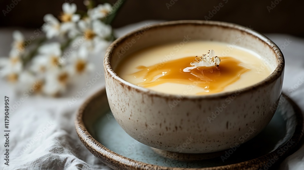 A creamy bowl of vanilla pudding topped with caramel resting on a delicate ceramic plate A creamy bowl of vanilla pudding topped with caramel resting on a delicate ceramic plate