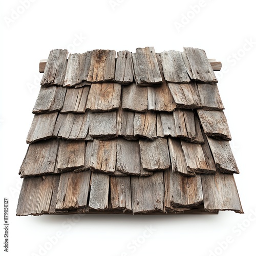 Wooden roof shingles, rustic texture, white isolate background