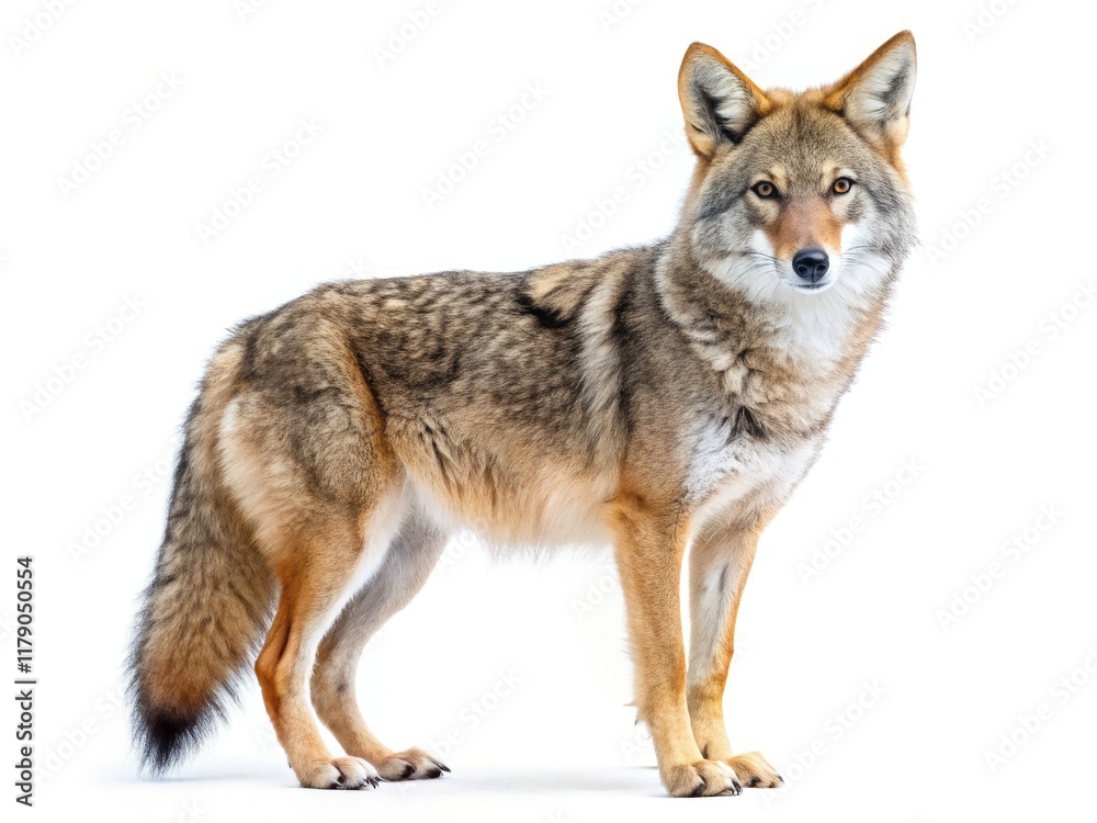Fototapeta premium Isolated coyote against a pure white background. Perfect for fashion campaigns showcasing wild beauty.