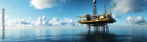 Industrial offshore oil rig at sunset, extracting energy resources from the ocean depths