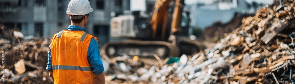 Fototapeta premium Construction worker in safety attire managing a pile of discarded materials at demolition site.