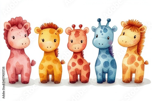 A colorful illustration of five cute, cartoon-style giraffes in various hues.