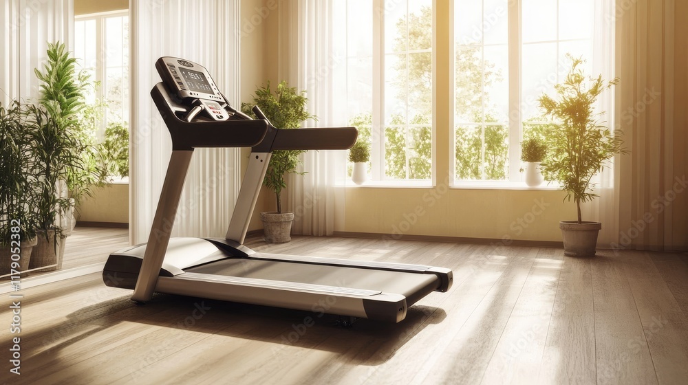 Fototapeta premium A high-quality shot of a treadmill with a digital display, standing unused in a spacious, minimalist gym with neutral colors.