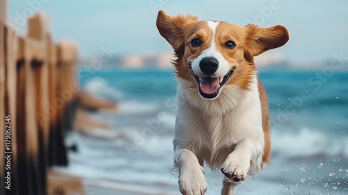 Dog is running on the beach with its tongue out. The dog is happy and enjoying the moment