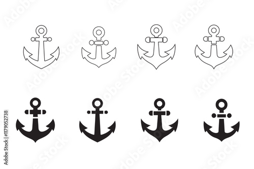 Set of Boat Anchor vector icon logo boat symbol pirate helm Nautical maritime simple illustration graphic doodle design