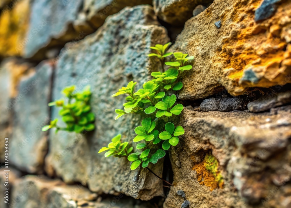 Macro lens reveals resilient nature: tiny plants sprout defiantly from weathered stone. Macro lens reveals resilient nature: tiny plants sprout defiantly from weathered stone.