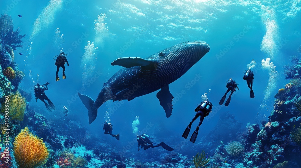 Fototapeta premium Divers encounter a majestic humpback whale amidst vibrant coral reef.