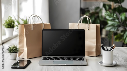 Laptop illustration with floating shopping cart icons and colorful symbols, representing e-commerce and online marketplaces in a modern style.