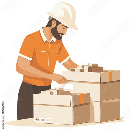 worker in a hard hat sorts items into three boxes at his workplace