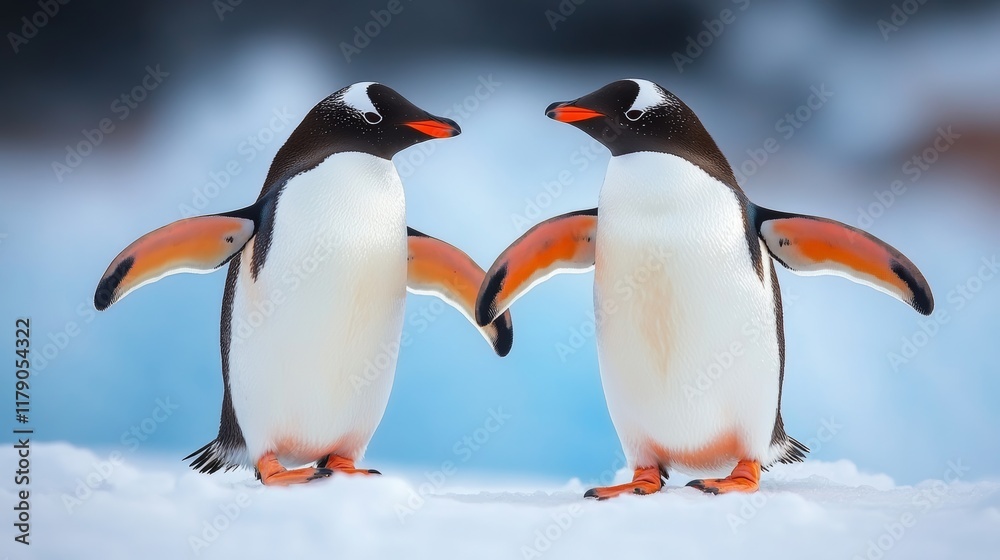 Obraz premium Two penguins are standing close to each other on a snowy surface. They are both facing the camera, and their bodies are positioned in a way that they appear to be holding hands. The scene is calm