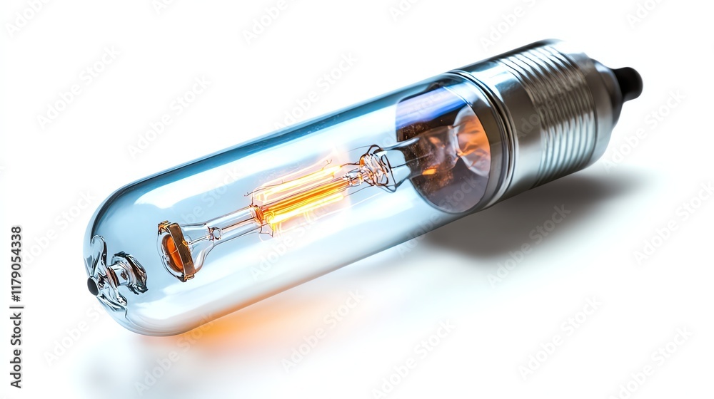 Glass vacuum tube with glowing filament for advanced electrical applications. Glass vacuum tube with glowing filament for advanced electrical applications.