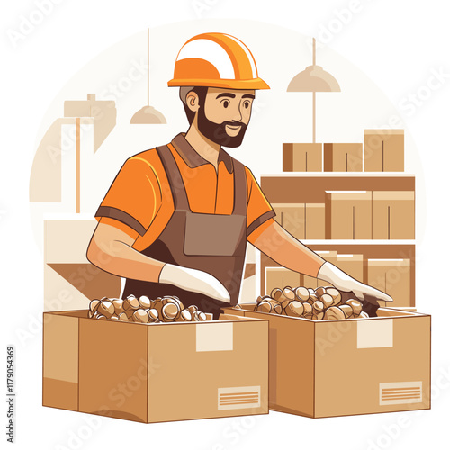 worker in a hard hat sorts items into three boxes at his workplace