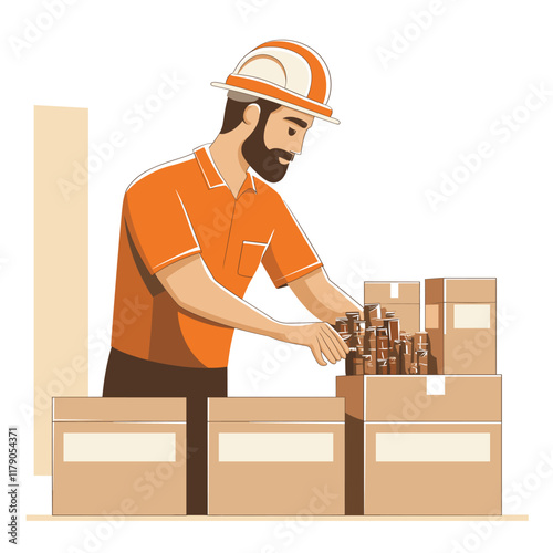 worker in a hard hat sorts items into three boxes at his workplace