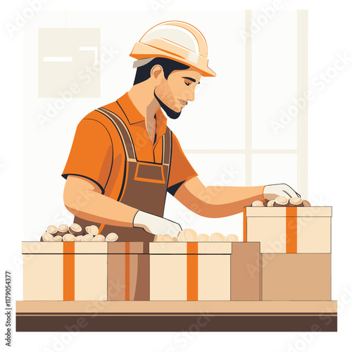 worker in a hard hat sorts items into three boxes at his workplace