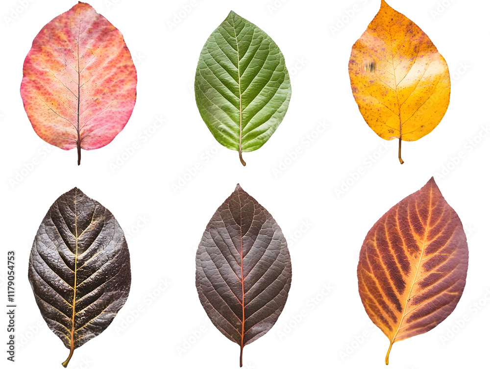 Fototapeta premium Six Leaves Showing Stages of Autumnal Color Change Isolated On A White Background, PNG Transparent