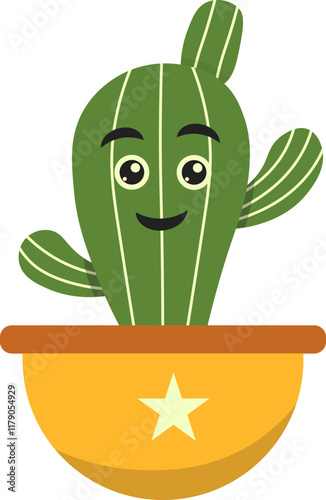 Vector Illustration of Kawaii Potted Cactus. Cartoon Character on White Background.