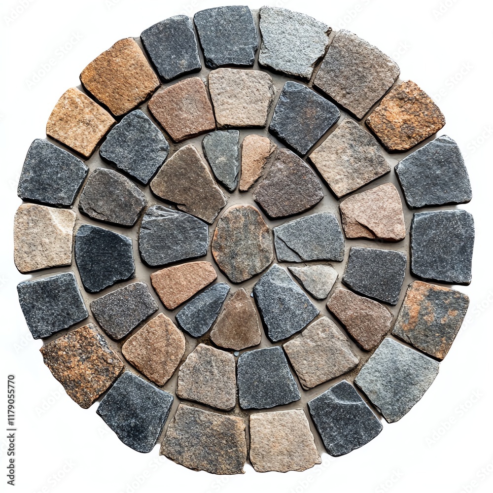 Circular arrangement of assorted stones on a white isolated background. Circular arrangement of assorted stones on a white isolated background.