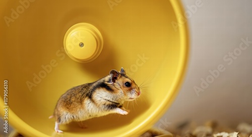 Energetic hamster exercising in a yellow wheel