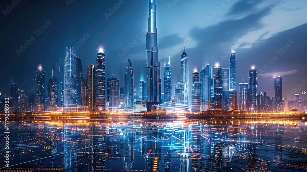 custom made wallpaper toronto digitalThe futuristic city night skyline represents the fusion of smart technology and urban life. Towering skyscrapers with sleek modern glass curtain walls.