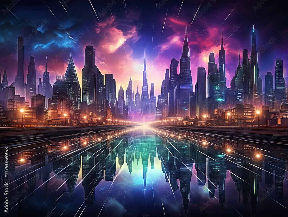 Obraz premium Fantastic Futuristic skyline glows in Dubai dark night