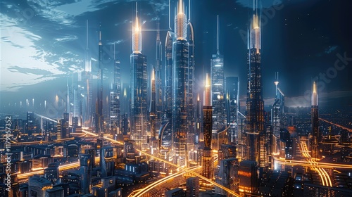 Wallpaper Mural The futuristic city night skyline represents the fusion of smart technology and urban life. Towering skyscrapers with sleek modern glass curtain walls. Torontodigital.ca