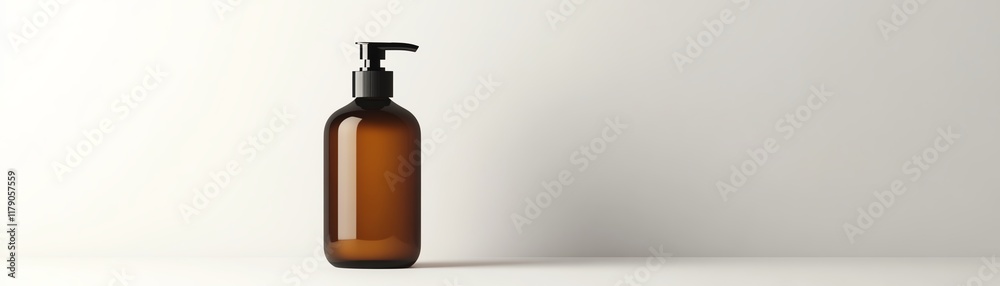 Amber bottle with pump cap on a minimalist white background. Amber bottle with pump cap on a minimalist white background.