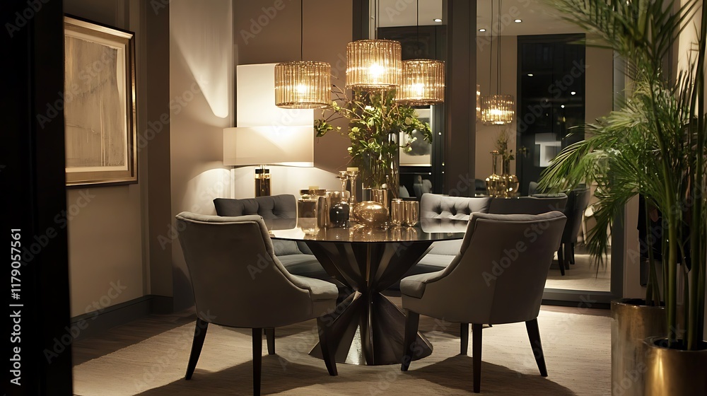 A compact chic dining area with a glass table upholstered chairs and pendant lights A compact chic dining area with a glass table upholstered chairs and pendant lights