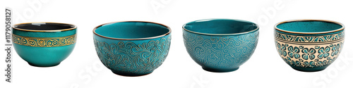 Ornate Turquoise Ceramic Bowls with Traditional Patterns Handcrafted Decorative Pottery for Home Decor and Dining  Featuring intricate designs rich texture and a vibrant green blue color