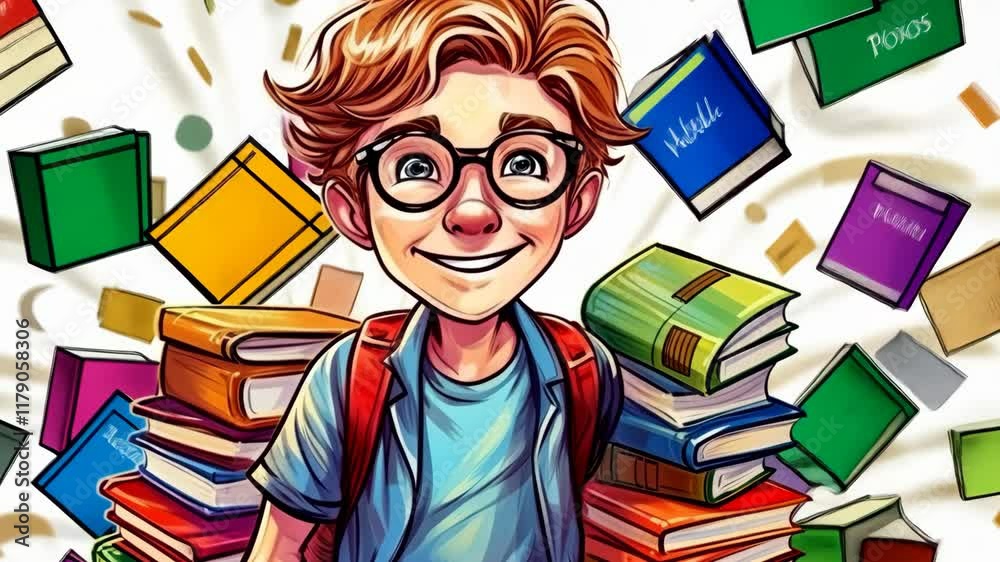 Animation of a happy student with books, back to school