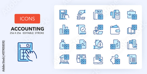 Line icons about accounting, financial concepts. Contains such icons as tax, loan, balance and more. 256x256 Pixel Perfect editable in two colors