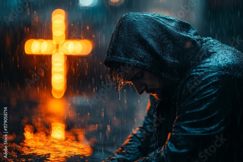 God and rain with depressed for mercy with plead or cry for help with test of faith with glow cross. Mental health, doubt or loss with grief, hopeless and trouble with spiritual crisis, Generative AI photo