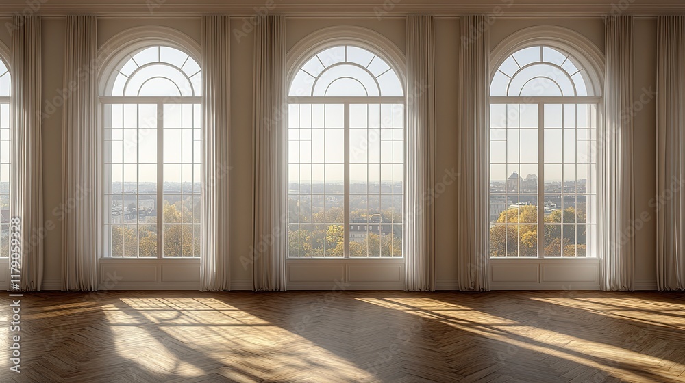 Sunlight streams through arched windows illuminating a hardwood floor Sunlight streams through arched windows illuminating a hardwood floor