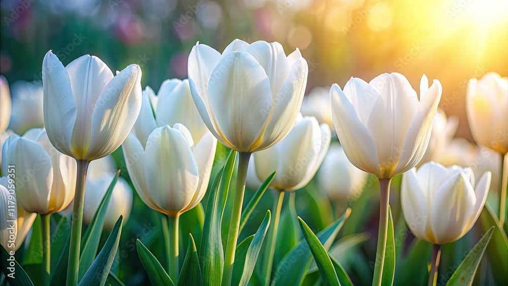 Fototapeta premium Pure white tulips, minimalist spring bloom.