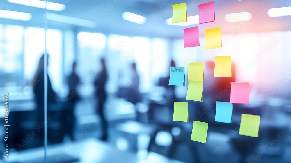 Obraz premium Teamwork and innovation in action, a dynamic meeting with sticky notes for collaborative brainstorming